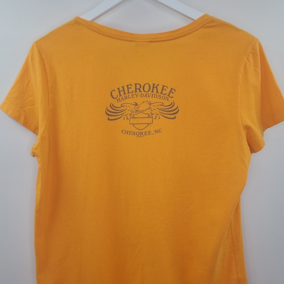 Harley-Davidson Tangerine Orange V Neck Cherokee NC Skull Graphic Tee Shirt - Picture 5 of 7